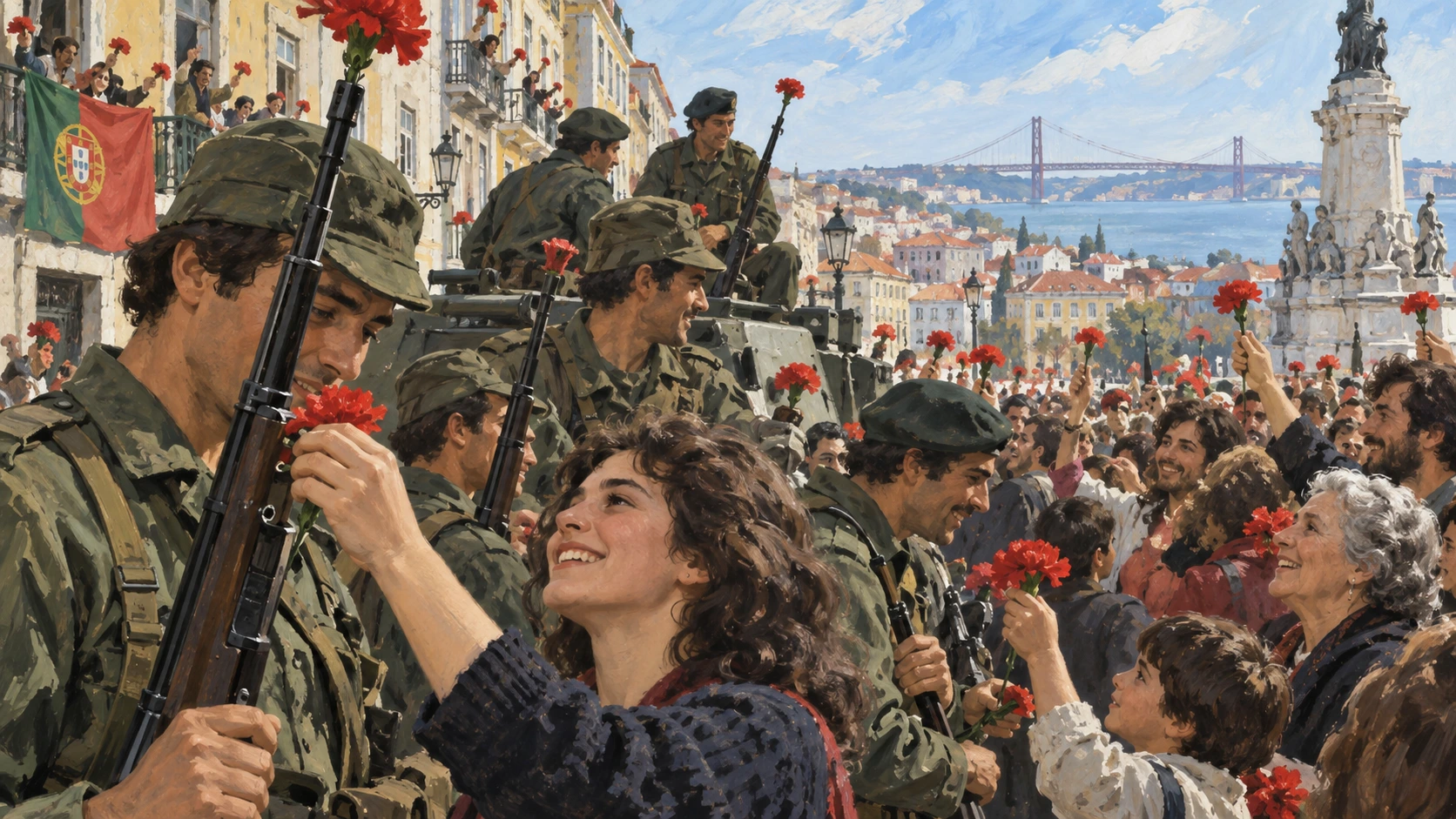 Civis oferecem cravos a militares numa rua de Lisboa durante a revolução de Abril.