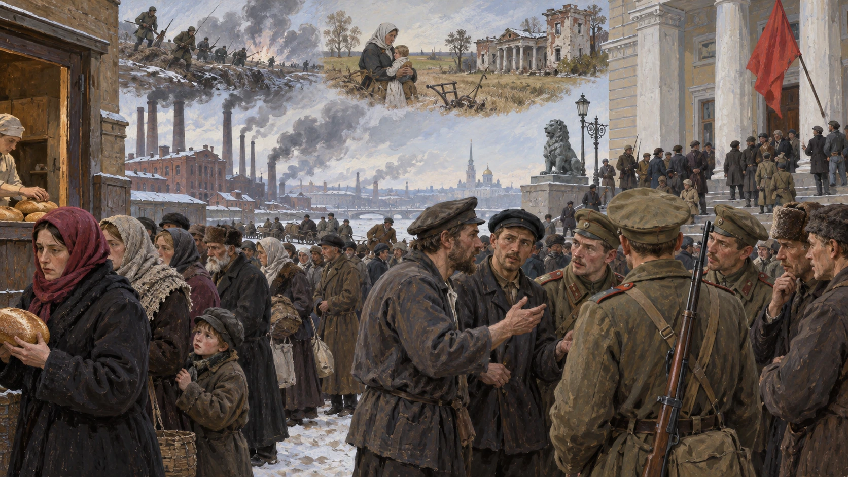 Fila por pão, trabalhadores e soldados conversam durante a crise social de 1917.