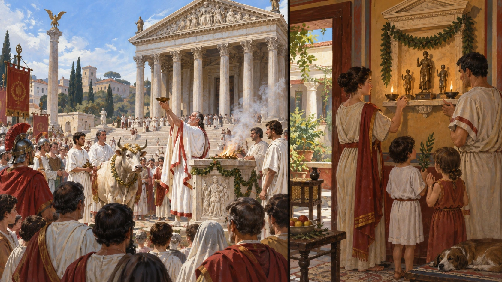 Ritual cívico junto a templo e oferenda familiar num santuário doméstico romano.