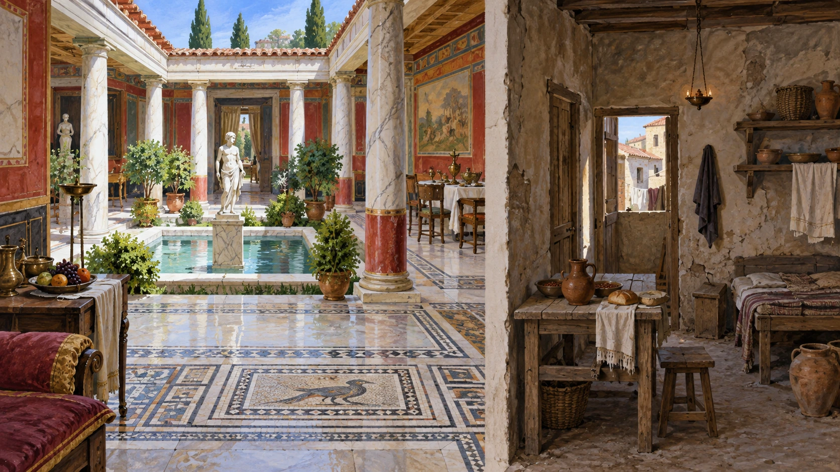 Domus com átrio e habitação modesta mostram condições materiais distintas na Roma antiga.