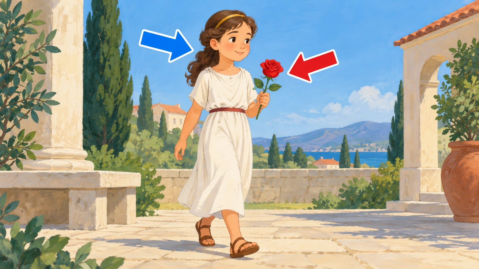 Uma jovem transporta uma rosa; setas distinguem a pessoa que age e o objeto transportado.