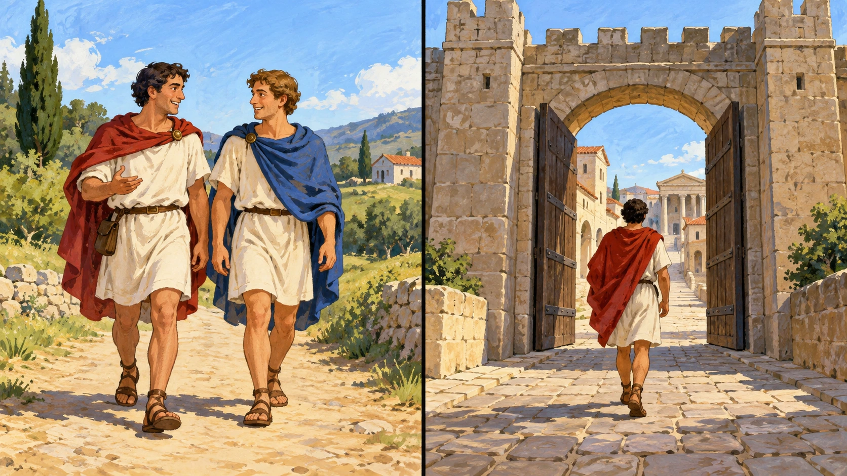 Dois amigos caminham juntos e outra pessoa entra por uma porta de cidade antiga.