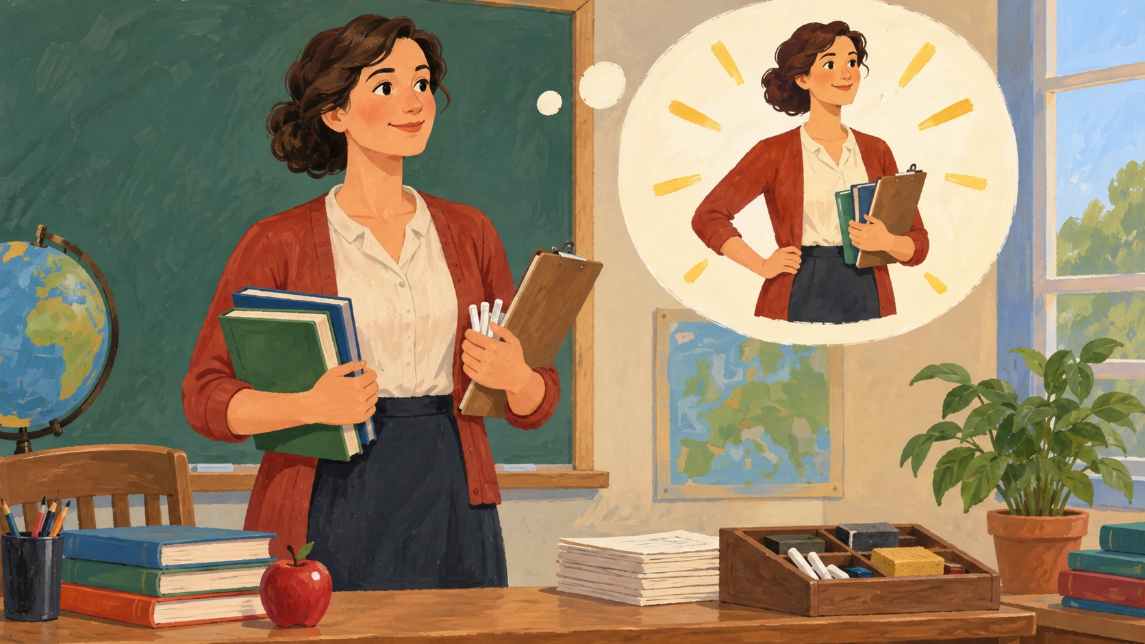 Professora preparada com livros e materiais de aula.