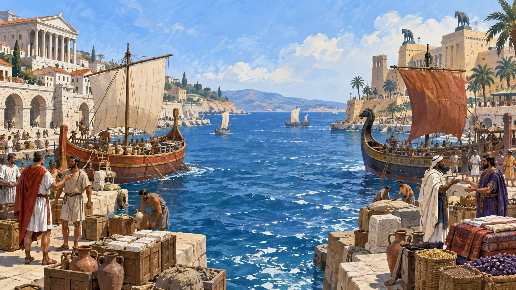 Portos mediterrânicos com embarcações romanas e cartaginesas em margens opostas.