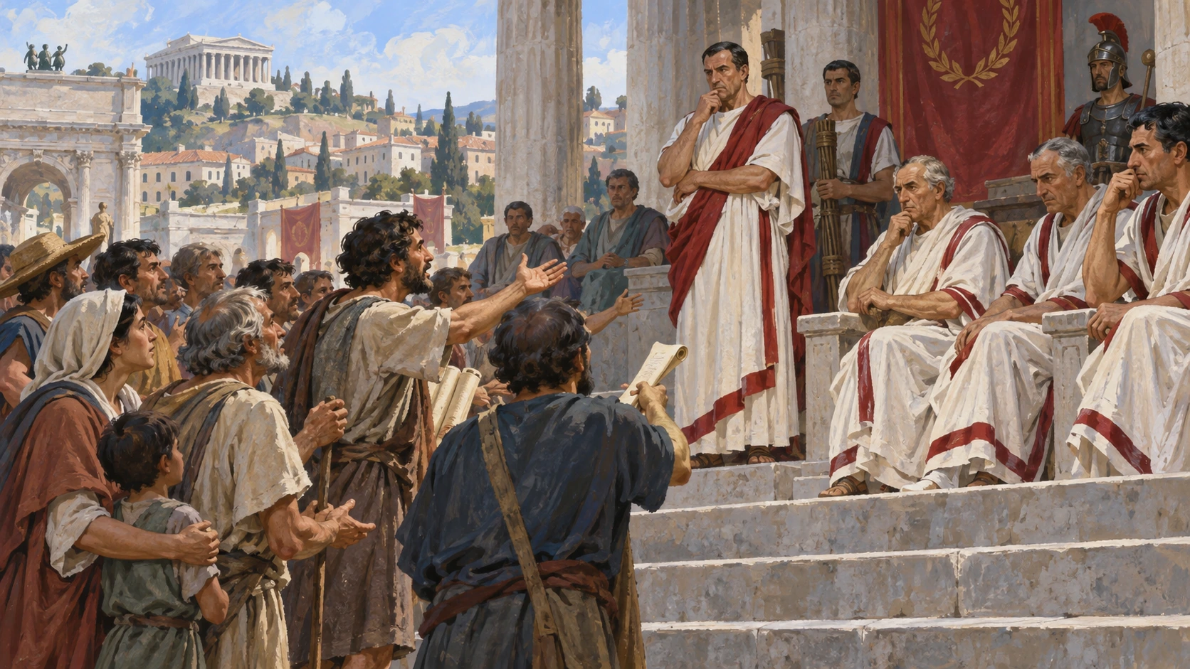 Cidadãos plebeus apresentam reivindicações perante magistrados da República romana.