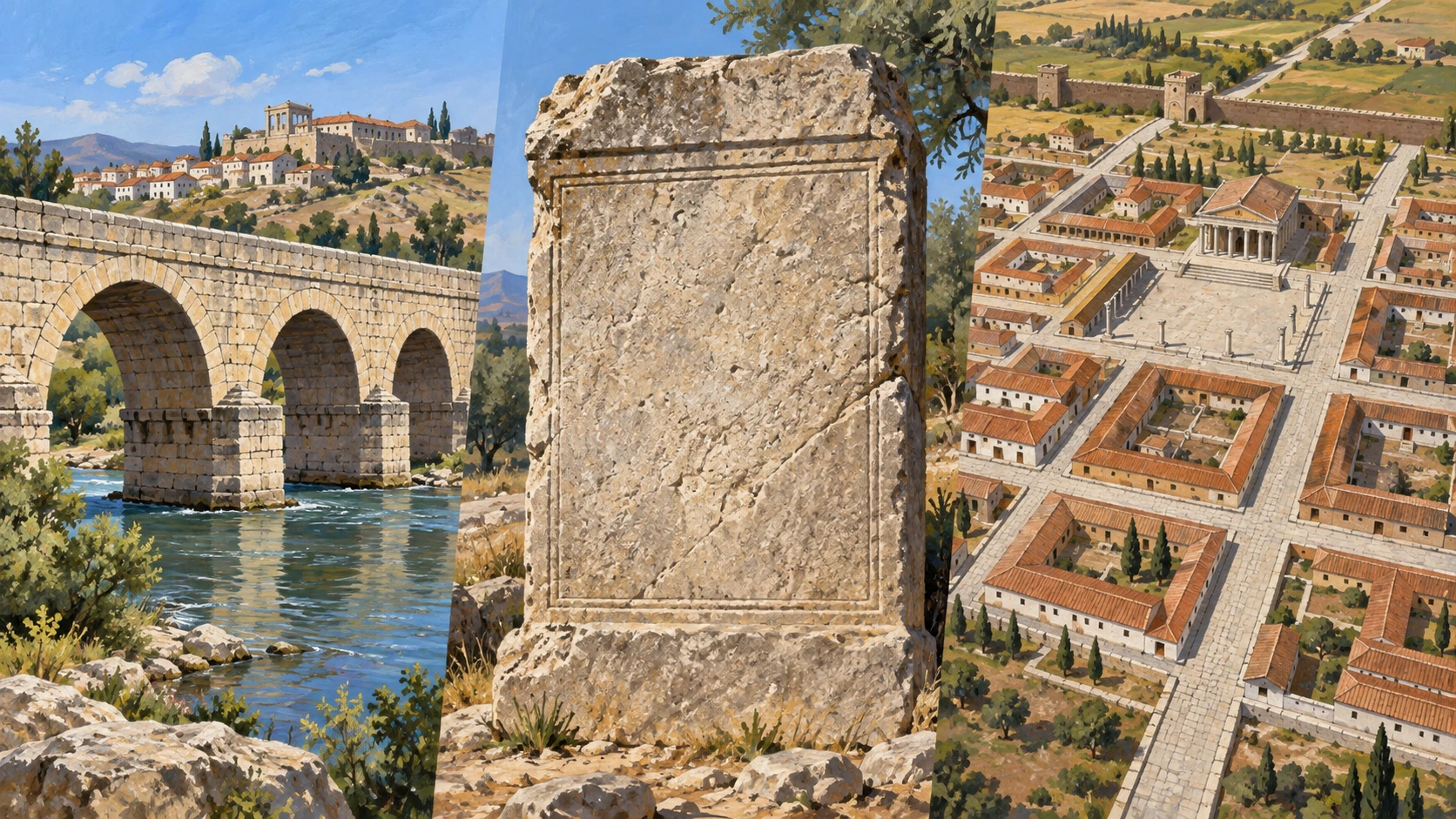 Ponte, estela e plano urbano mostram três vestígios romanos na Hispânia.