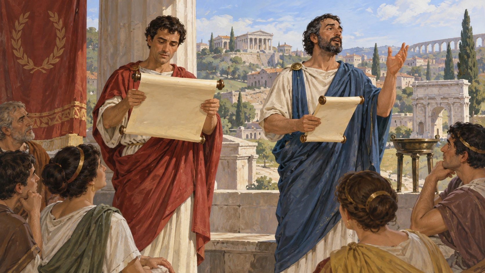 Dois narradores romanos leem e recitam perante um grupo de ouvintes.