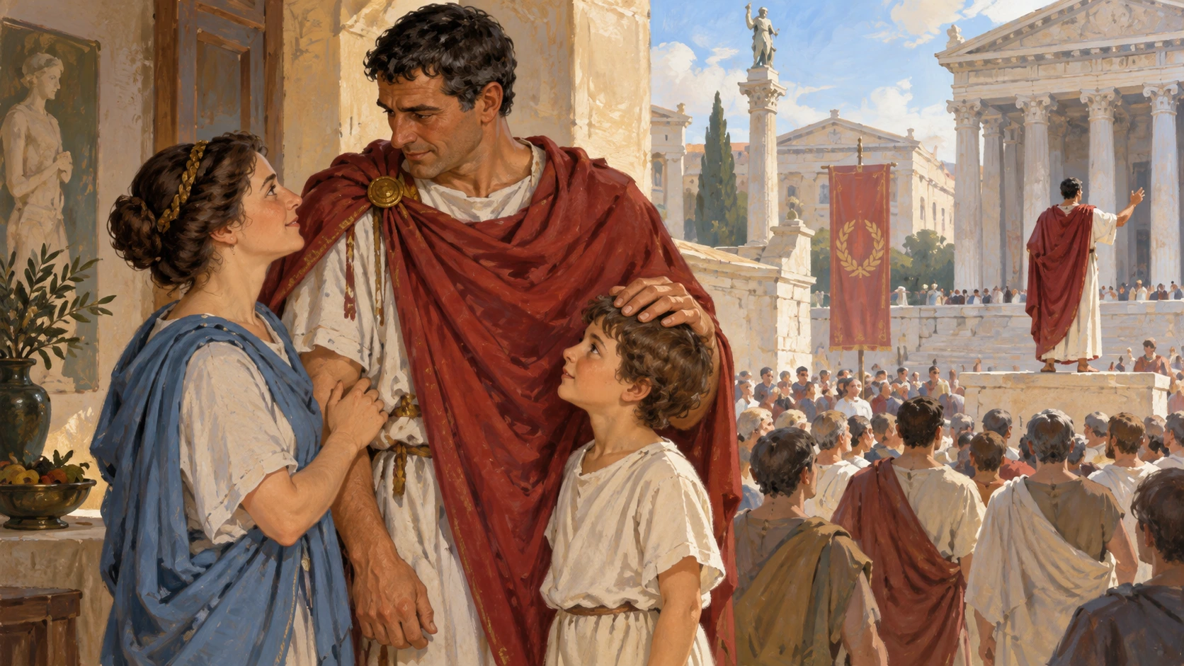 Pessoa romana apoia família antes de intervir numa reunião pública.