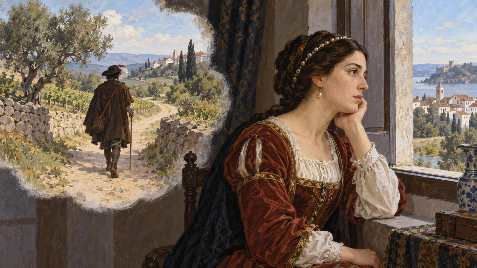 Mulher renascentista contempla uma figura que se afasta por uma estrada.