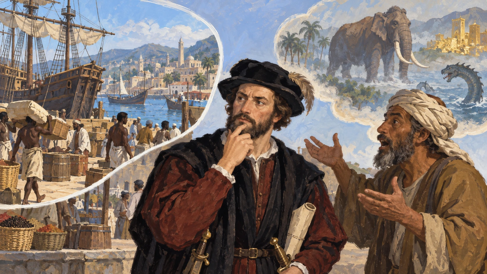 Viajante observa porto e escuta relato fantástico de outra pessoa.