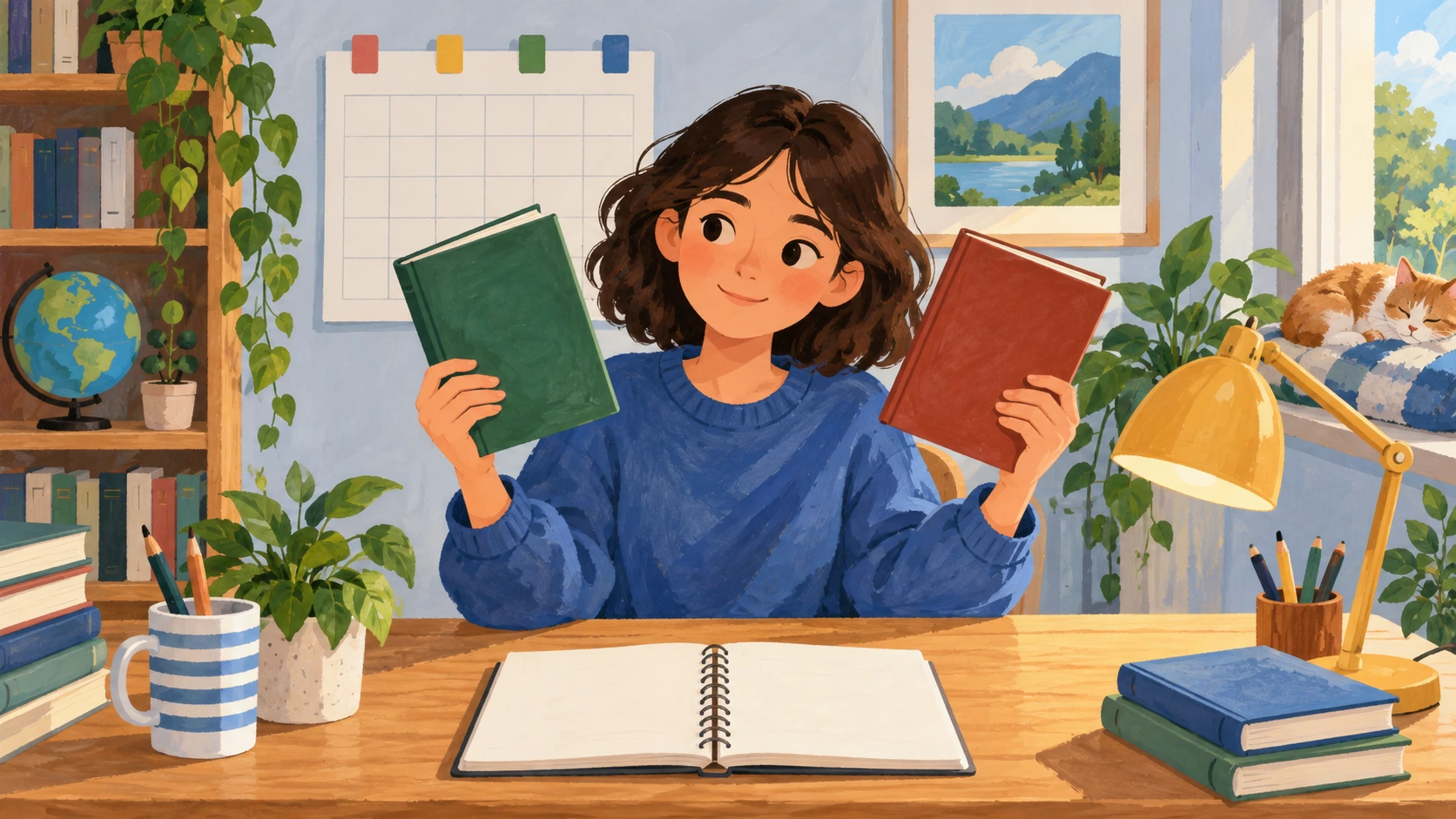 Leitora compara dois livros para planear um projeto individual de leitura.
