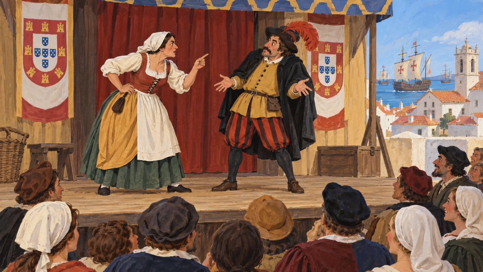 Duas personagens discutem num palco perante público do início da época moderna.