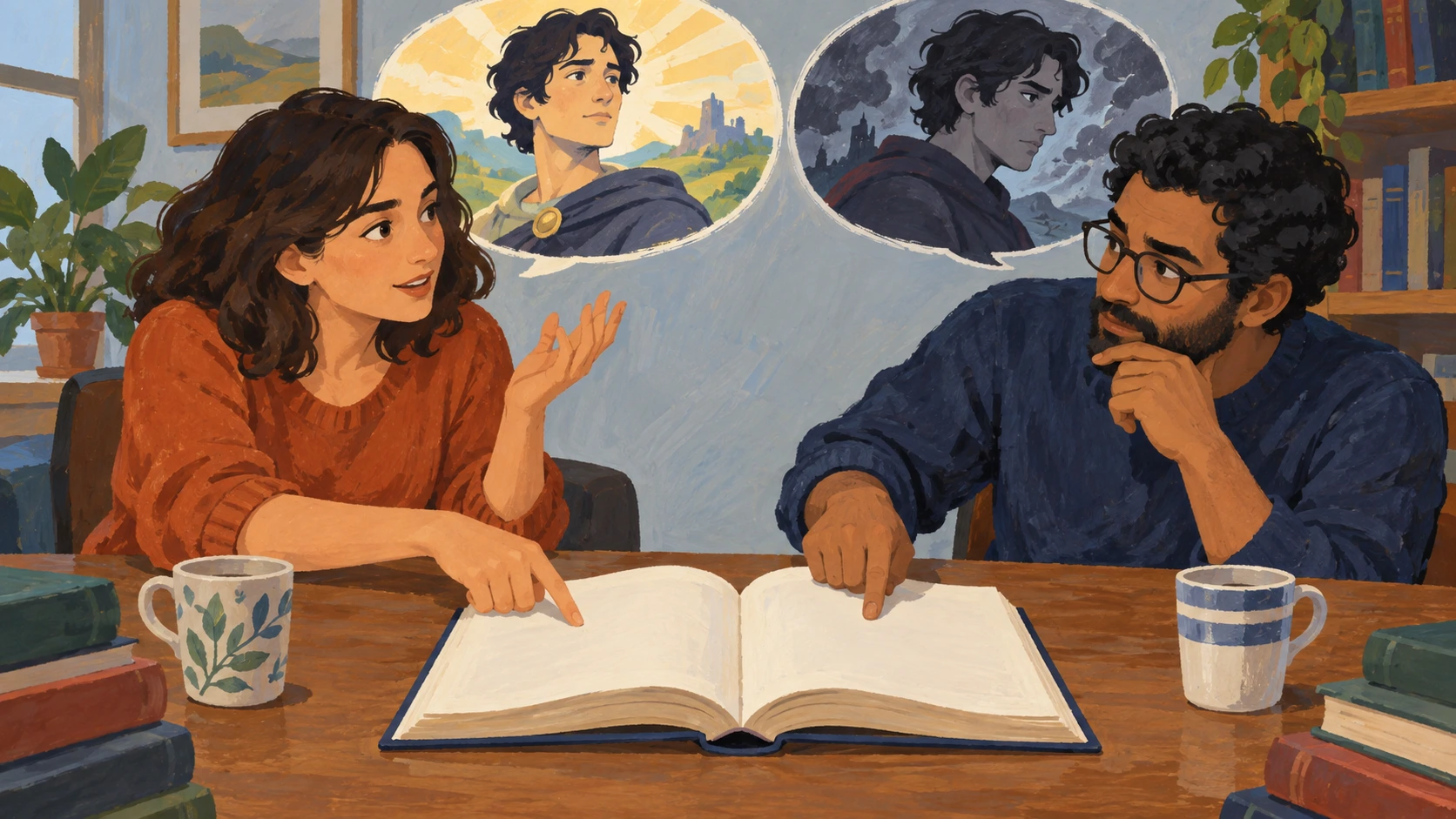 Dois leitores discutem interpretações de uma personagem perante um livro aberto.