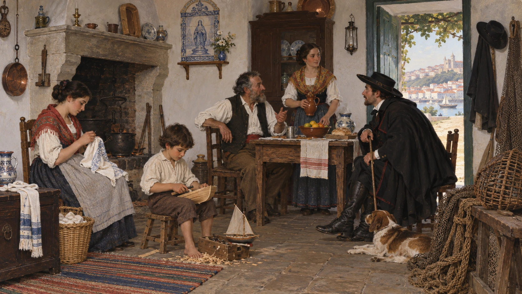 Cena doméstica oitocentista reúne pessoas de diferentes posições sociais e objetos quotidianos.