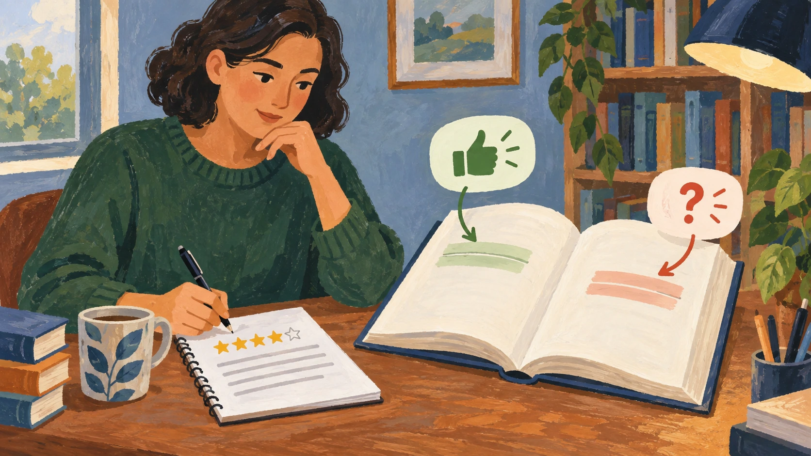 Leitora anota num caderno critérios de avaliação de um livro.