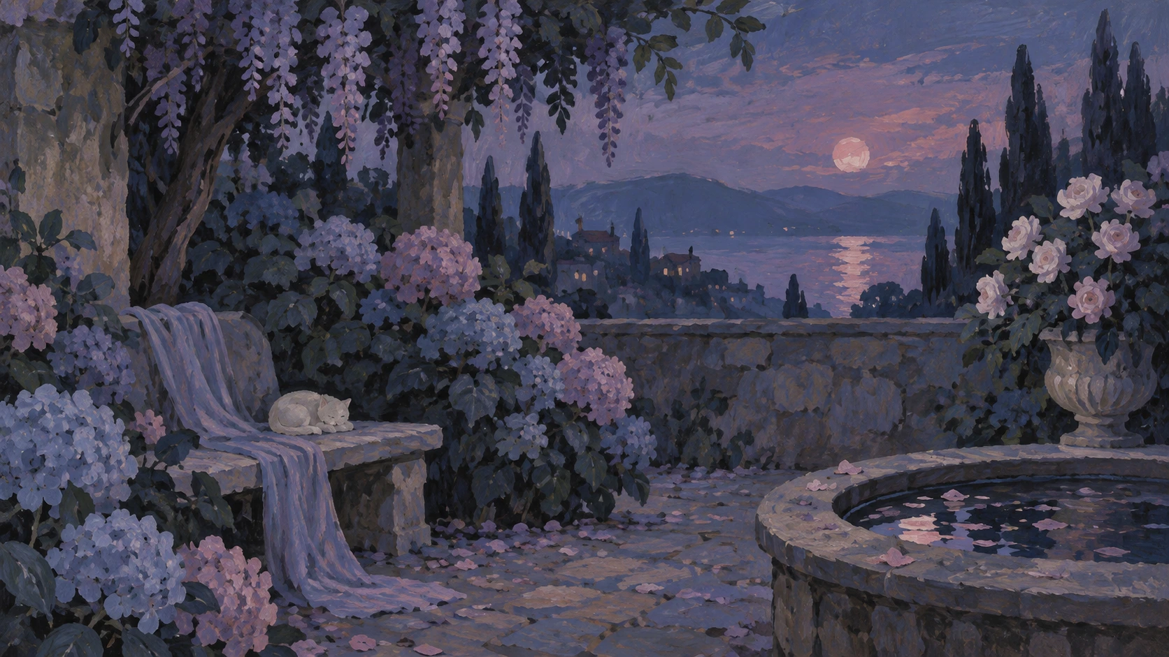 Jardim crepuscular com lua, reflexos, flores e cores lilases.