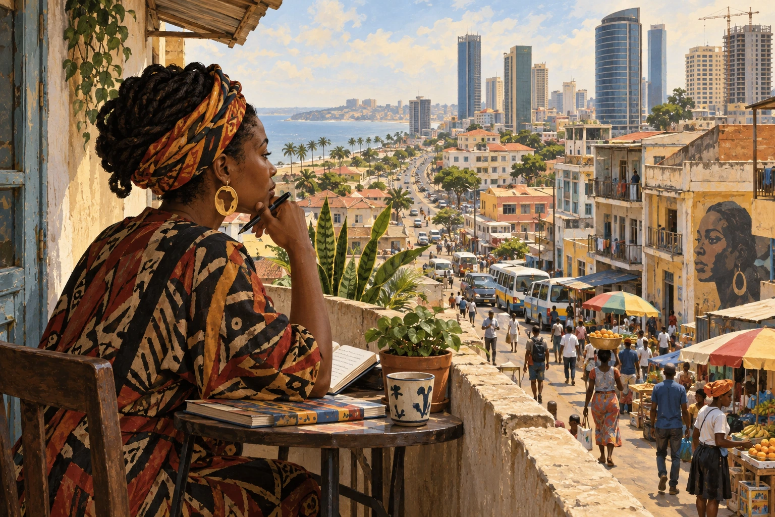 Escritora observa de uma varanda uma cidade angolana com bairros, vendedores e edifícios modernos.