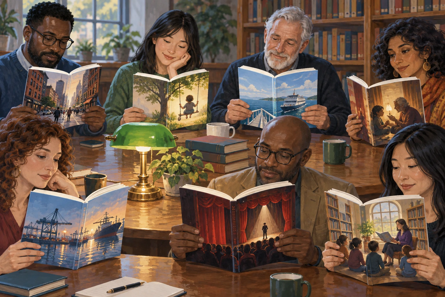 Sete leitores com livros de temas diferentes, entre cidade, infância, ilha, memória, porto, teatro e biblioteca.