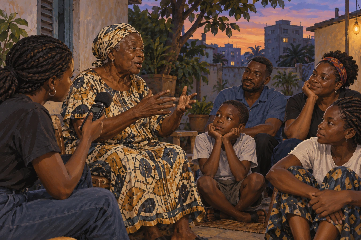 Família de várias gerações escuta uma narradora num pátio ao entardecer e regista a sua voz.