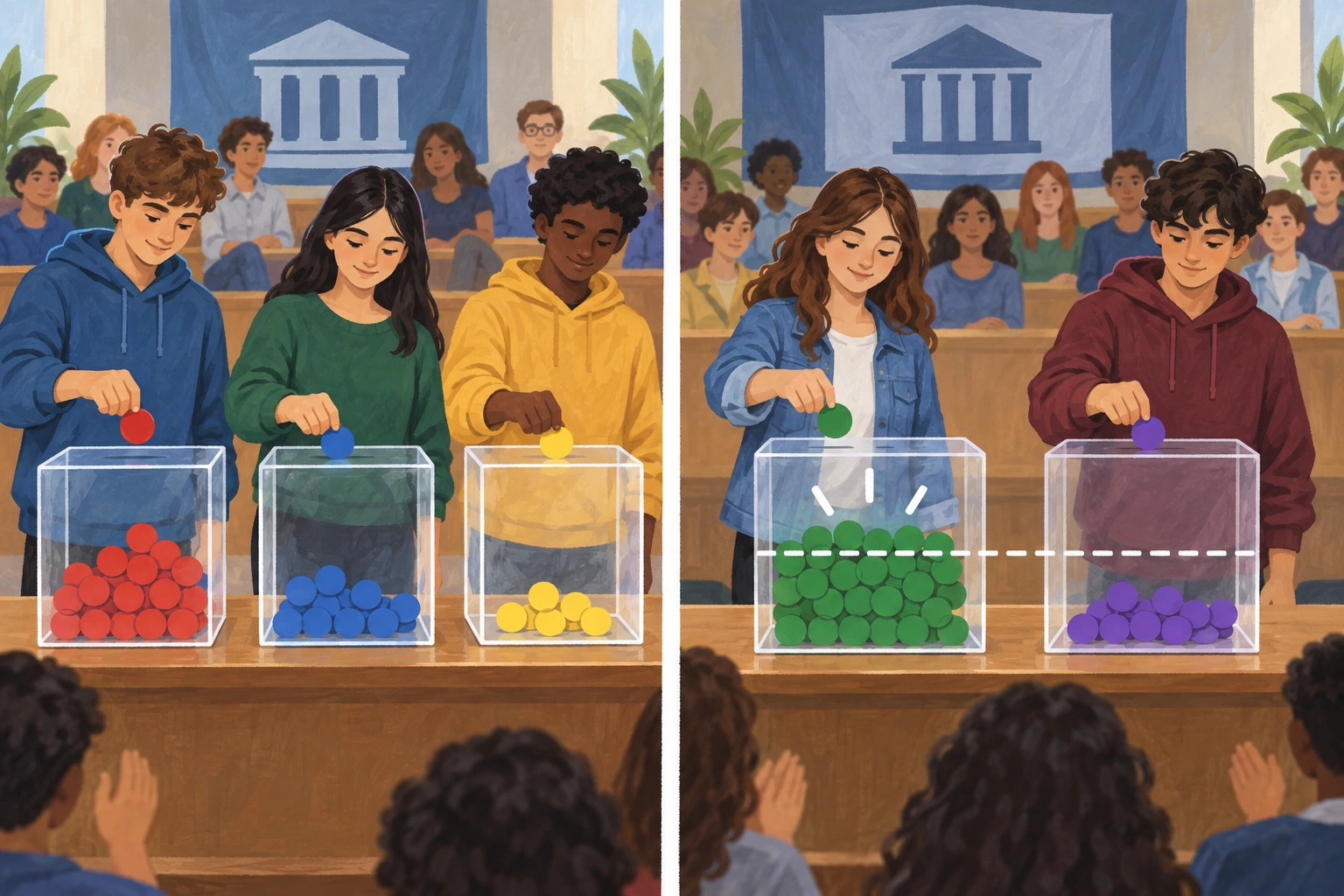 Duas votações ilustram a escolha mais votada e a superação de metade dos votos.