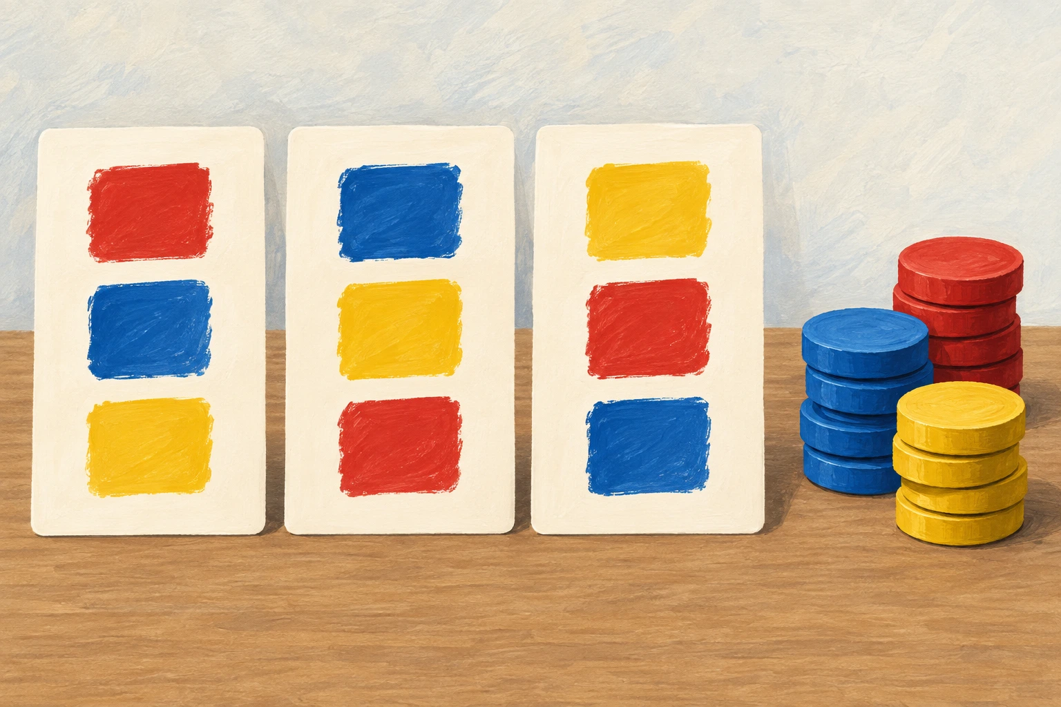 Três boletins ordenam escolhas de cores de formas diferentes e três pilhas representam pontuação acumulada.