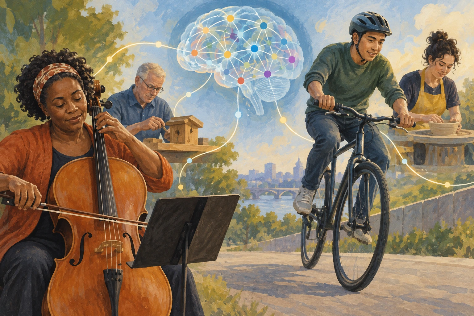 Pessoas praticam música, bicicleta e cerâmica perante uma rede neural simbólica.