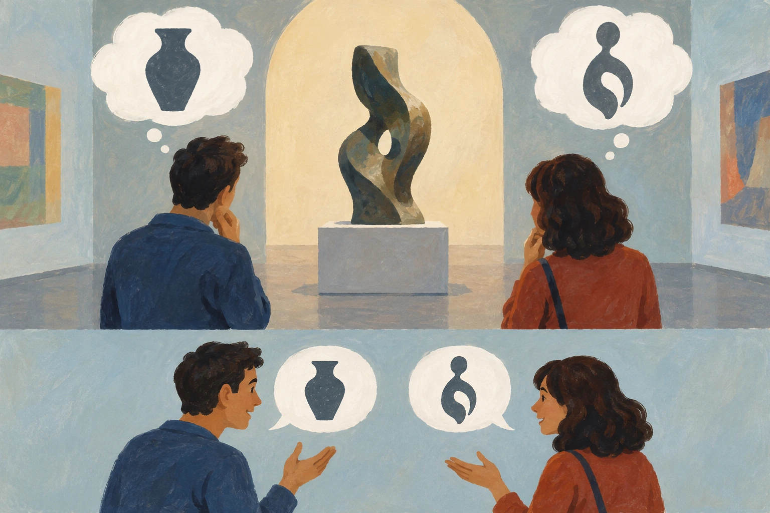 Duas pessoas interpretam de formas distintas uma escultura ambígua e depois conversam.