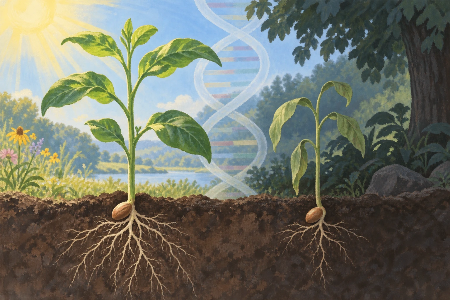 Plantas de sementes semelhantes crescem em condições diferentes sob uma hélice de ADN simbólica.