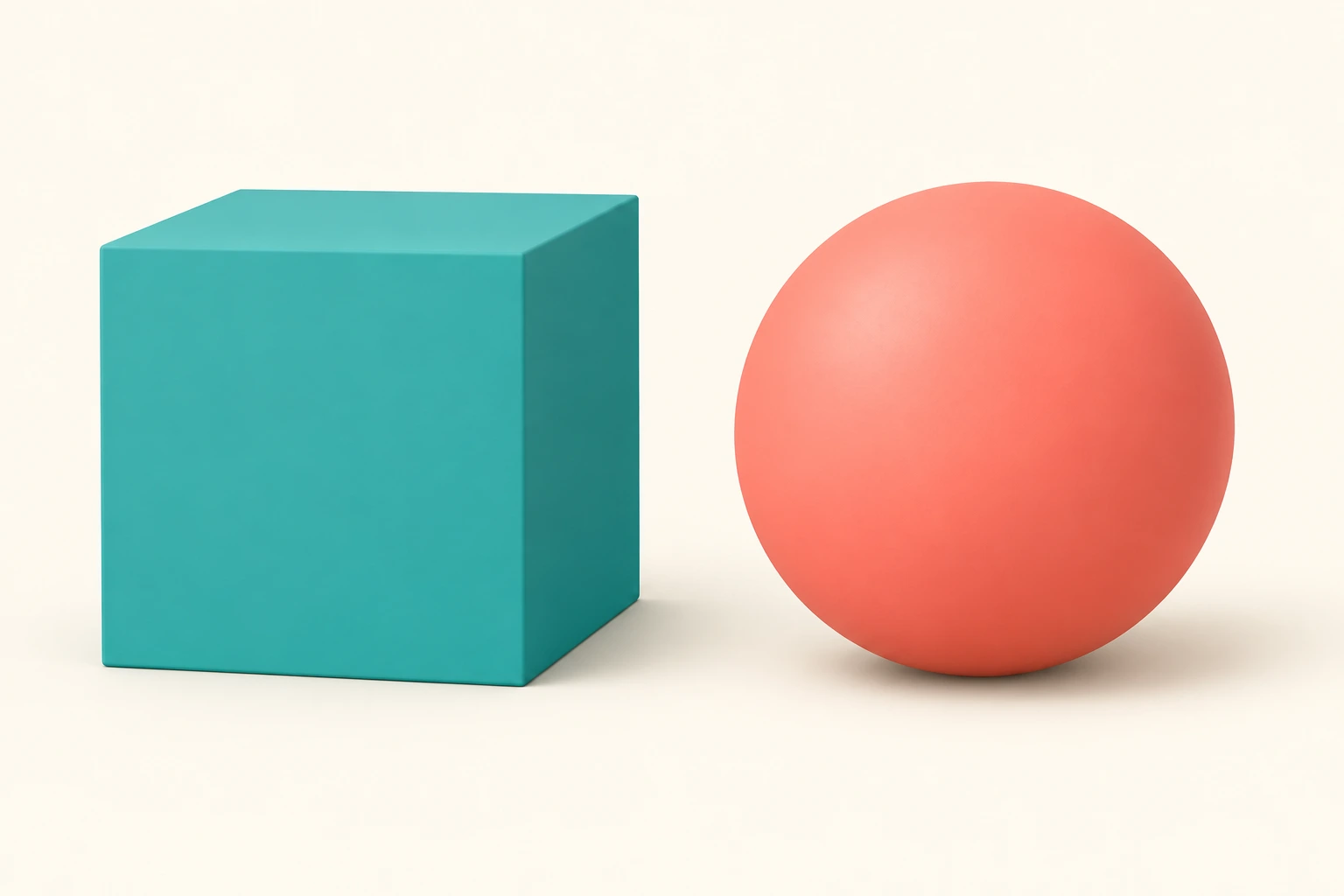 À esquerda, um cubo azul-esverdeado apoiado numa face plana; à direita, uma esfera coral de superfície curva.