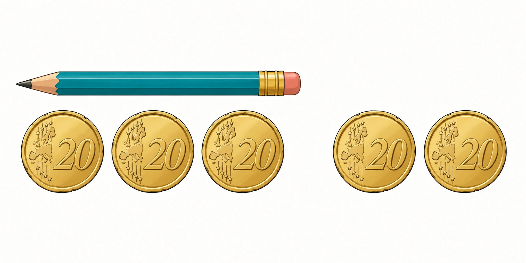 Cinco moedas de vinte cêntimos, três junto ao lápis e duas separadas.