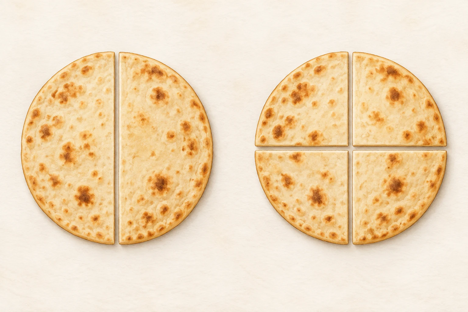 Dois pães redondos iguais: um dividido em duas metades iguais e outro em quatro quartos iguais.