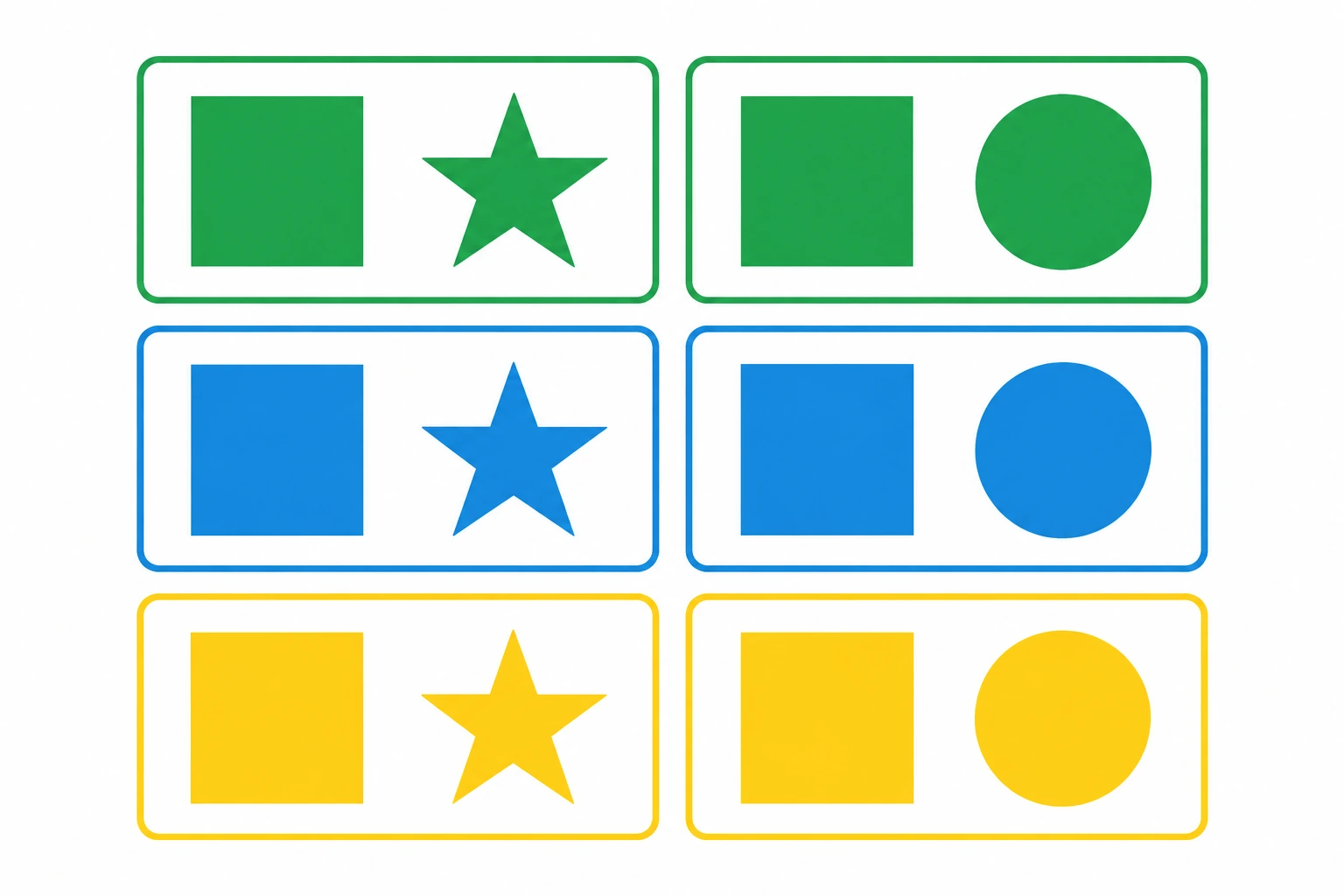 Seis cartões combinam três cores de capa com estrela ou círculo.
