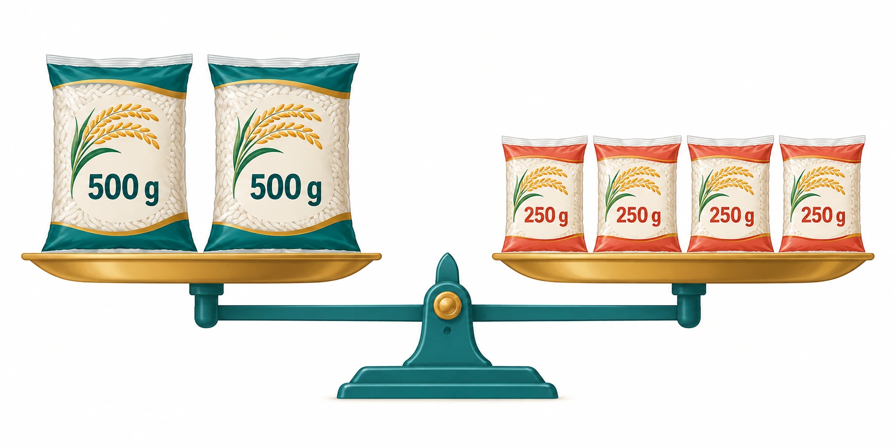 Balança equilibrada com dois sacos de 500 g e quatro pacotes de 250 g.