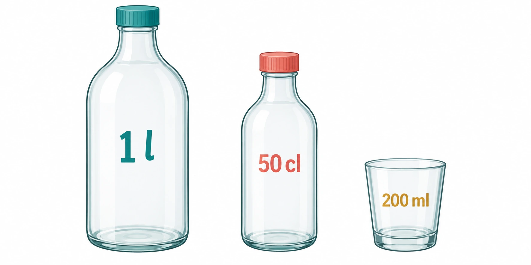 Três recipientes vazios rotulados 1 l, 50 cl e 200 ml.