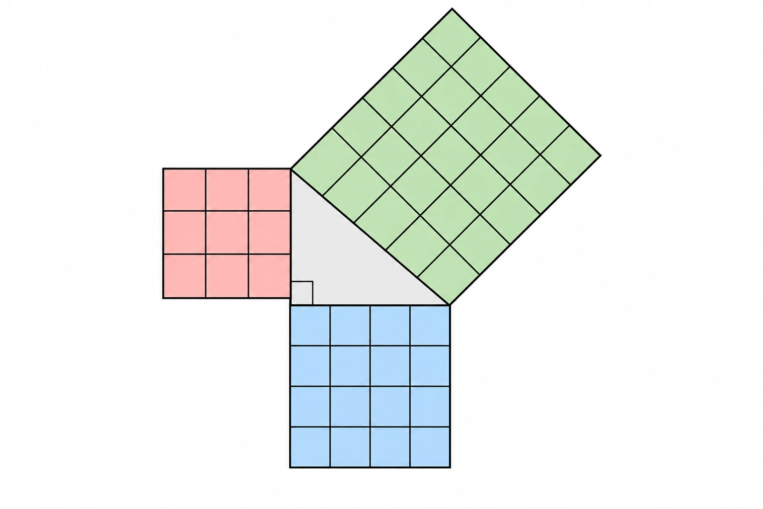 Triângulo retângulo com um quadrado vermelho de três por três unidades, um azul de quatro por quatro e um verde maior sobre a hipotenusa.