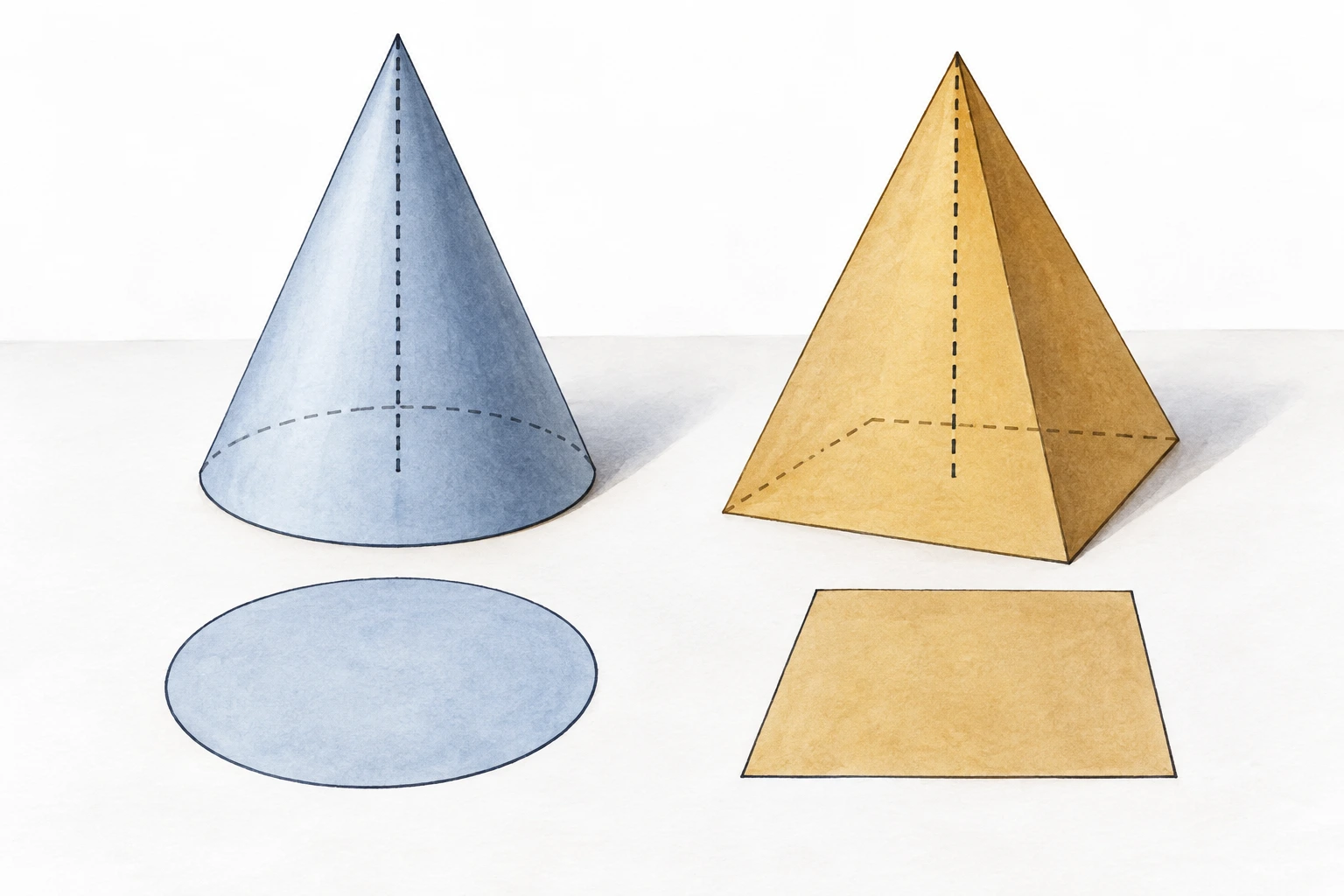 Cone e pirâmide de papel com bases circular e quadrangular esquematizadas abaixo.