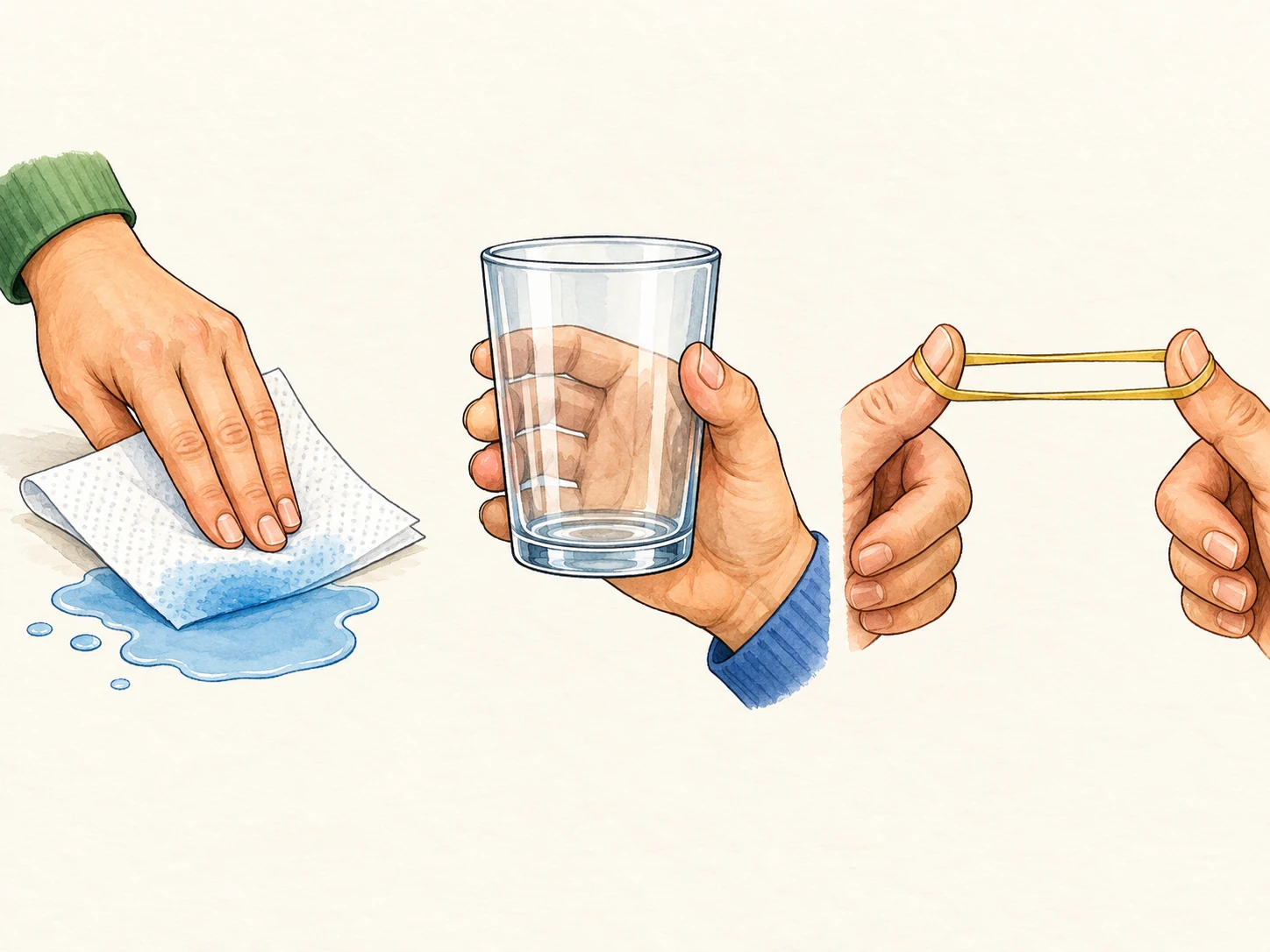 Papel absorve água, um adulto segura um copo de vidro transparente e um elástico é esticado.