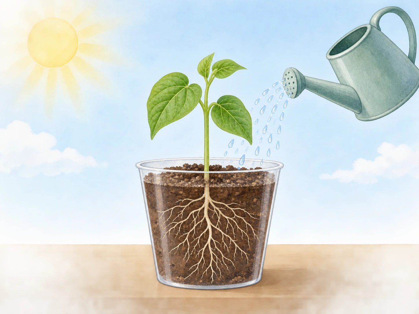 Ilustração de uma planta jovem num vaso transparente com raízes no solo; o Sol ilumina as folhas e um regador deita água na terra, sob o céu aberto.