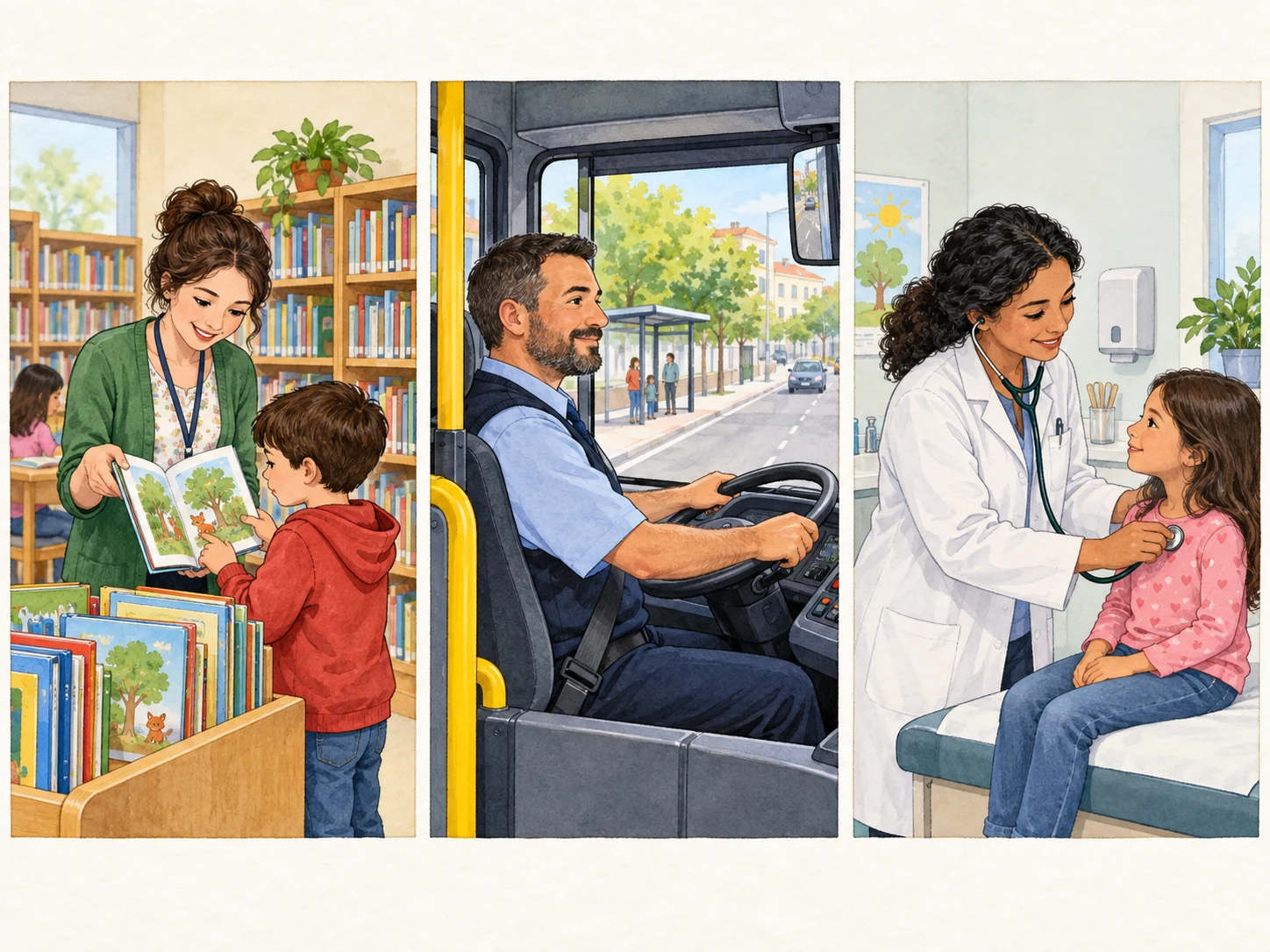 Bibliotecária ajuda um leitor, motorista conduz um autocarro e médica atende uma criança.