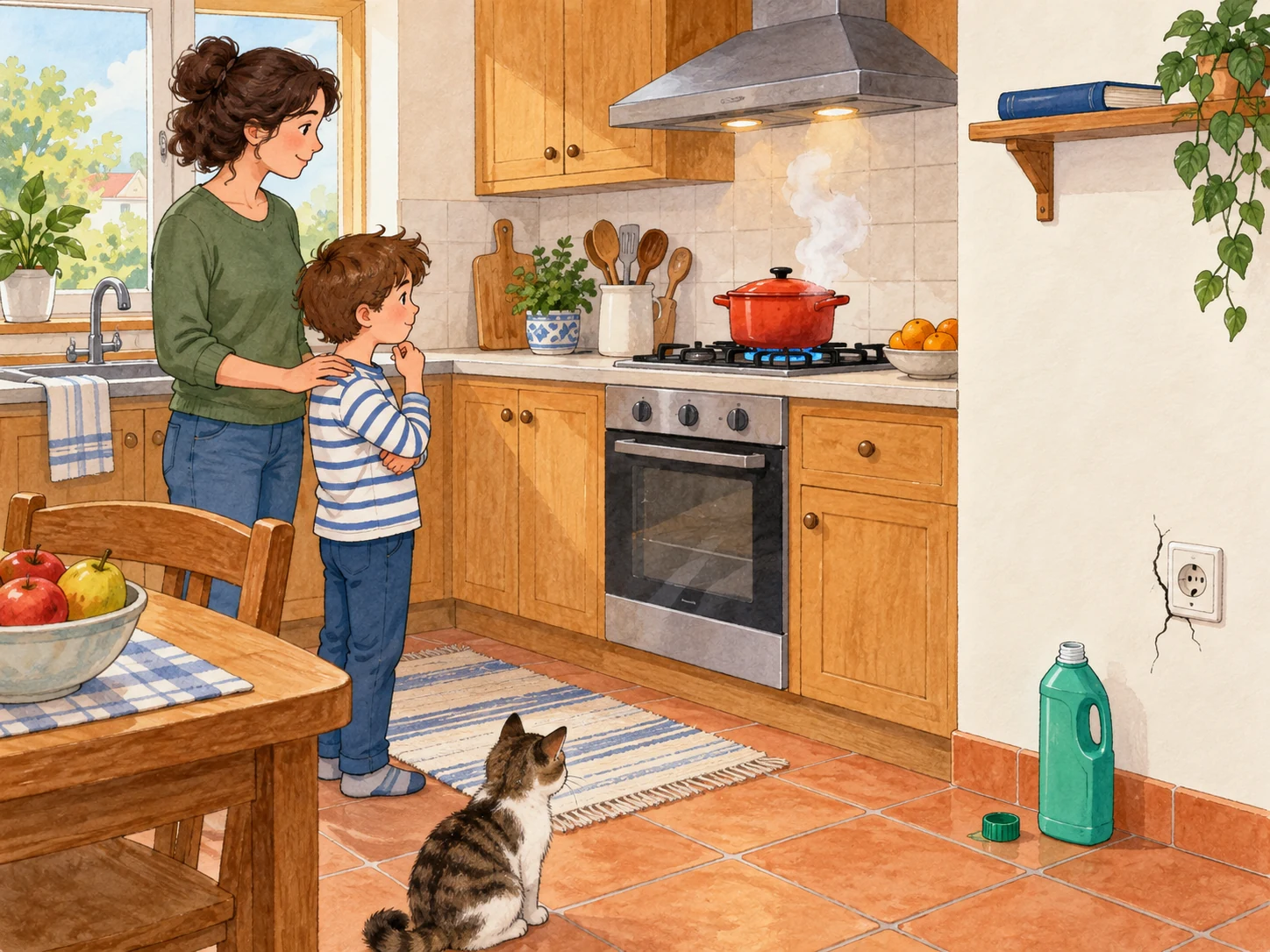 Criança e adulta observam à distância panela quente, produto de limpeza aberto e tomada danificada; há um livro fechado numa prateleira.