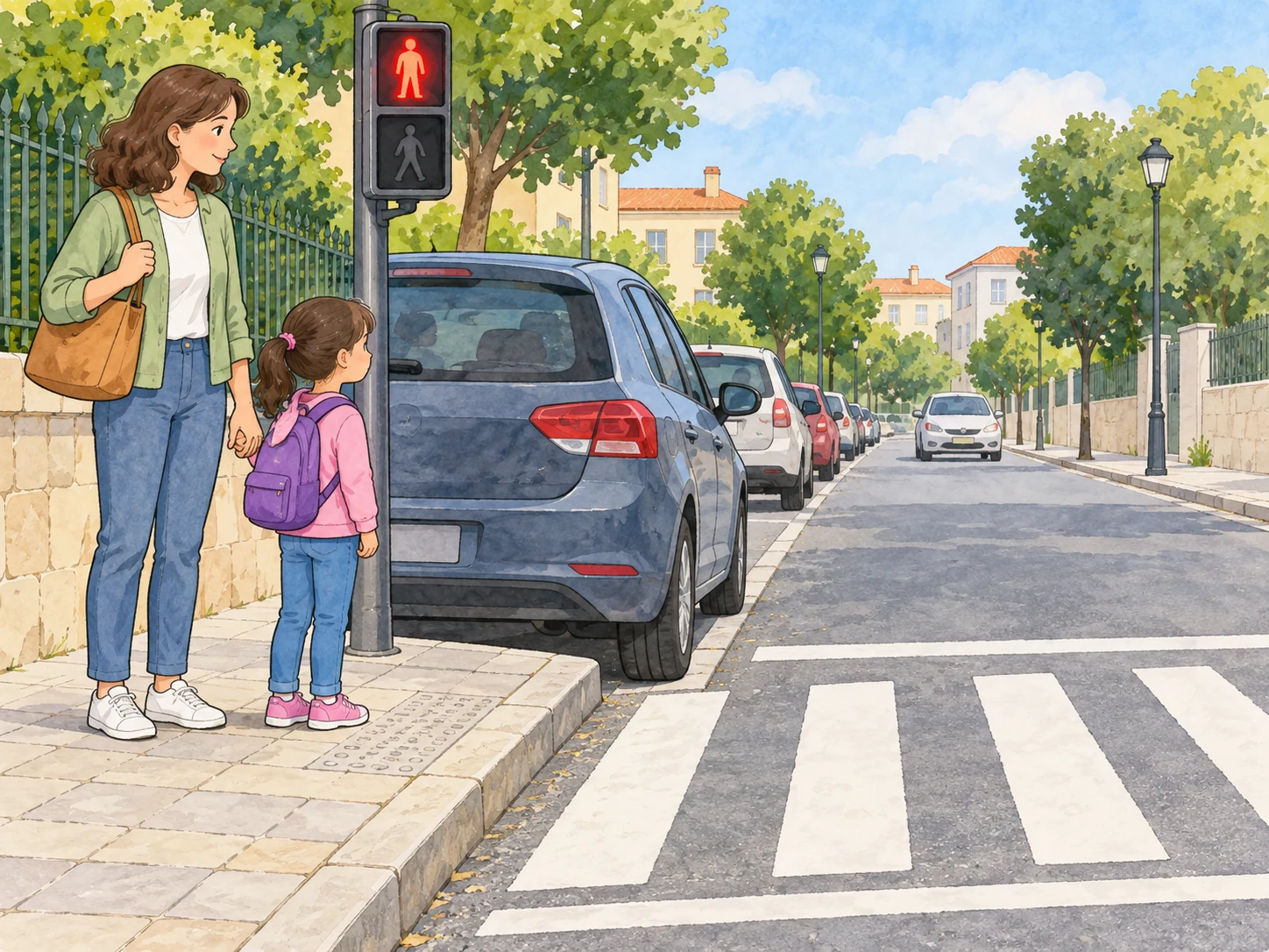 Lia espera no passeio com uma adulta junto a uma passadeira; o sinal pedonal está vermelho e um carro estacionado tapa parte da vista.