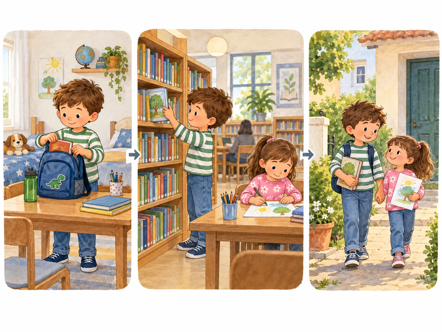Três momentos do sábado de Ivo: prepara a mochila, escolhe um livro enquanto a irmã desenha na biblioteca e regressam a casa.