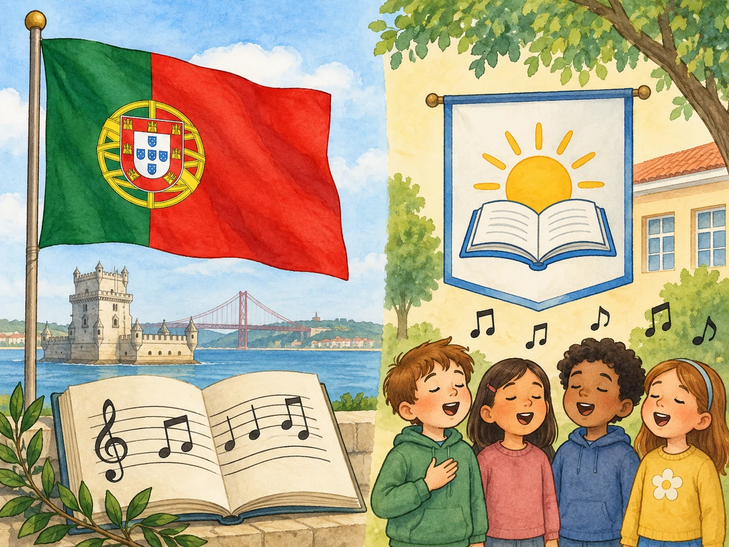 Bandeira portuguesa e representação musical de um lado; emblema escolar imaginário e turma a cantar do outro.