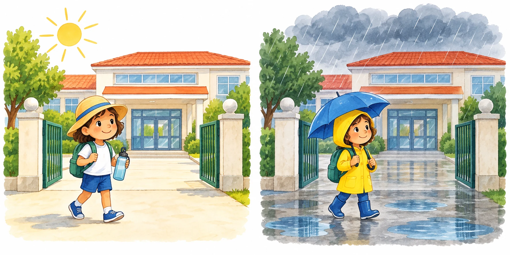 A mesma escola em dois painéis: à esquerda céu de sol, chapéu e água; à direita chuva, impermeável e guarda-chuva.