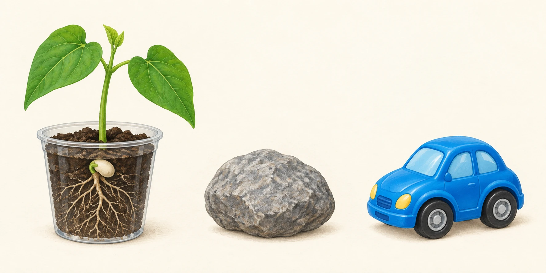 Uma planta de feijão com folhas e raízes, uma pedra e um carro de brincar azul, separados sobre fundo claro.