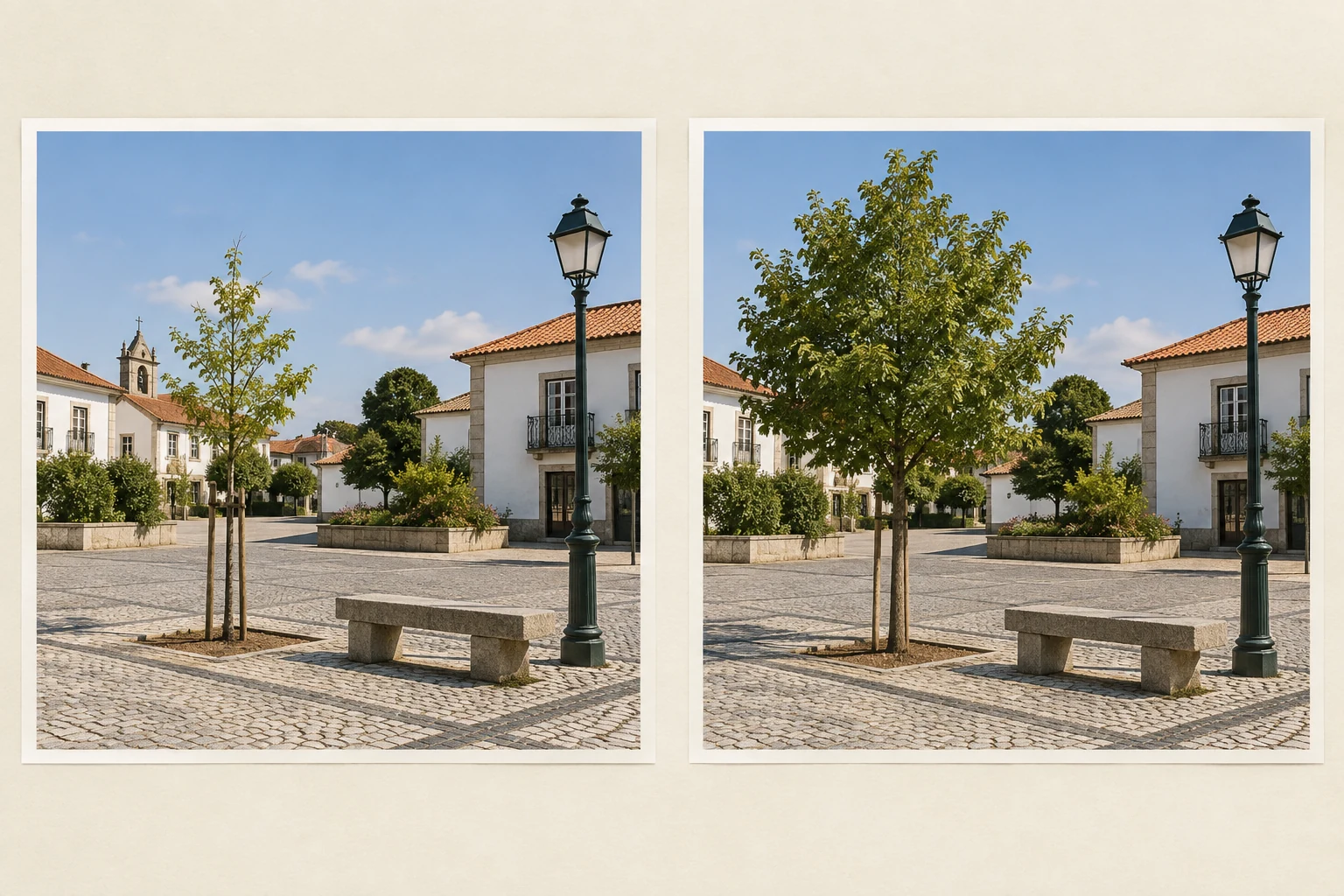 Duas imagens da mesma praça com banco e candeeiro nas mesmas posições; a árvore é menor na primeira e maior na segunda.