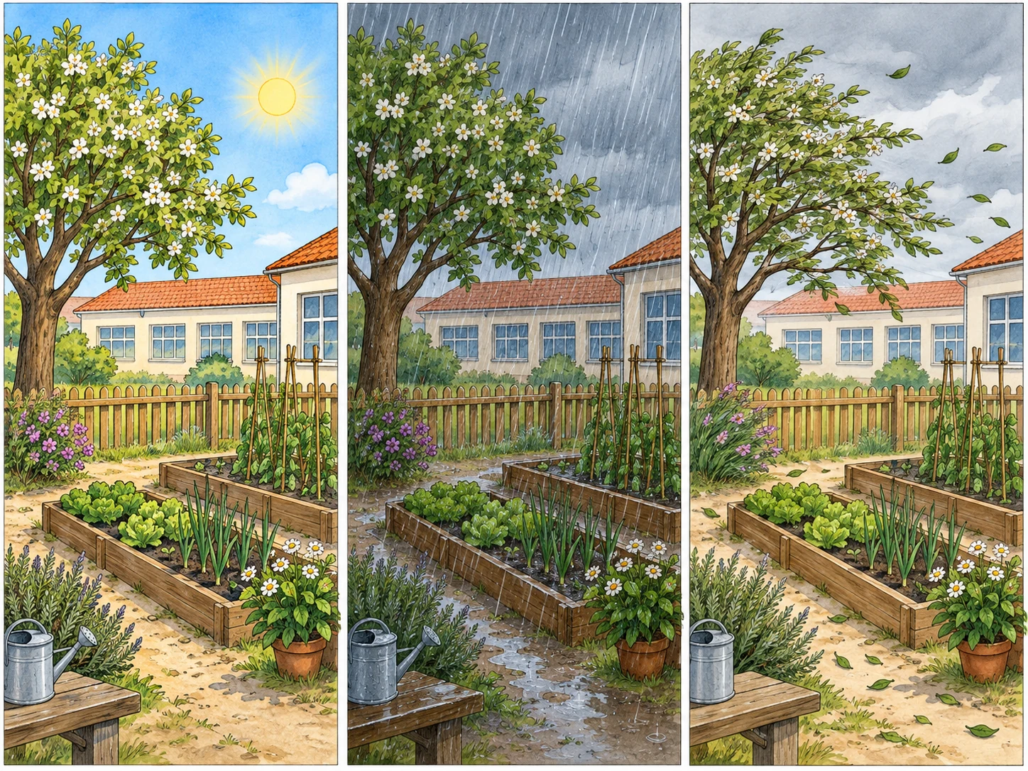 O mesmo jardim escolar em três dias de primavera: céu limpo, chuva e nuvens com vento.