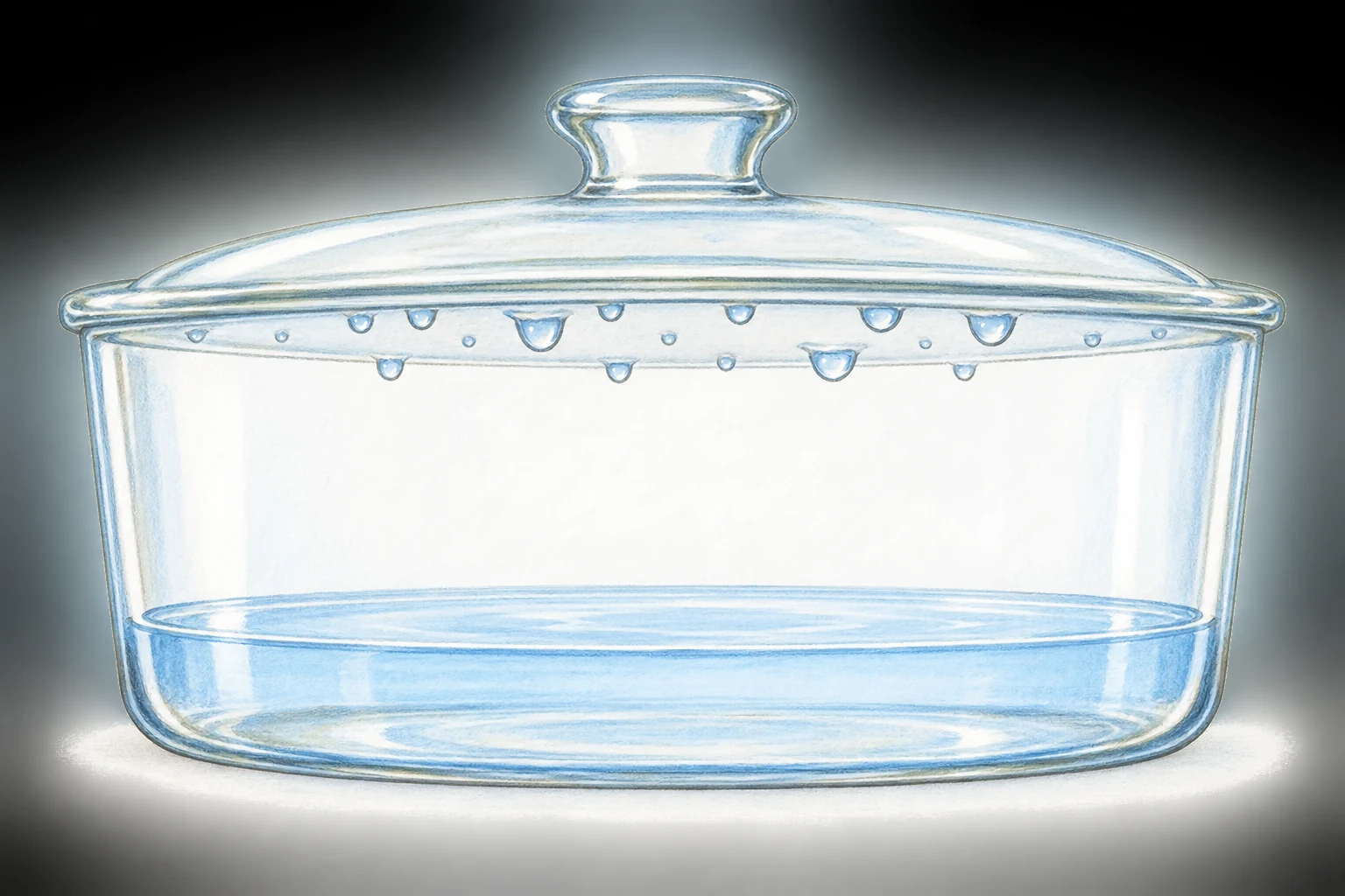 Recipiente transparente fechado com água líquida no fundo e pequenas gotas presas à face interior da tampa; o vapor de água não é visível.