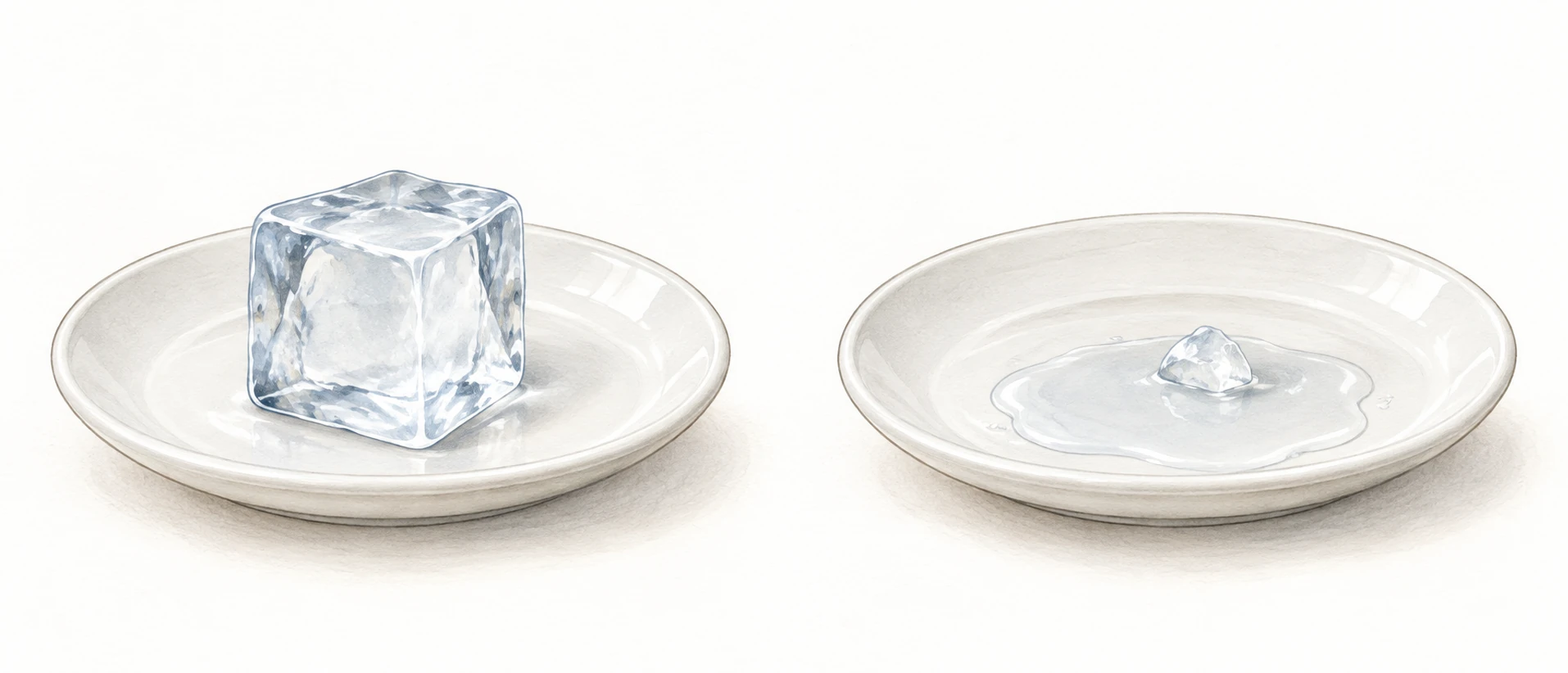 O mesmo prato antes com um cubo de gelo e depois com água líquida e um pequeno resto de gelo.