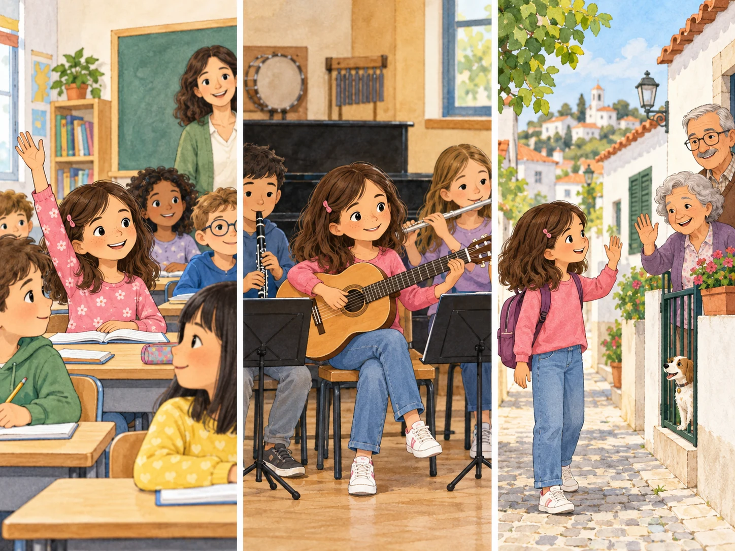 Joana participa na turma, toca num grupo local de música e cumprimenta vizinhos.